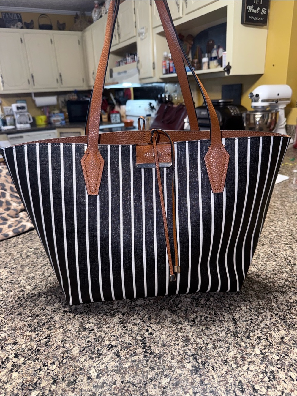 Guess Black-and-White Striped Tote with Brown Trim